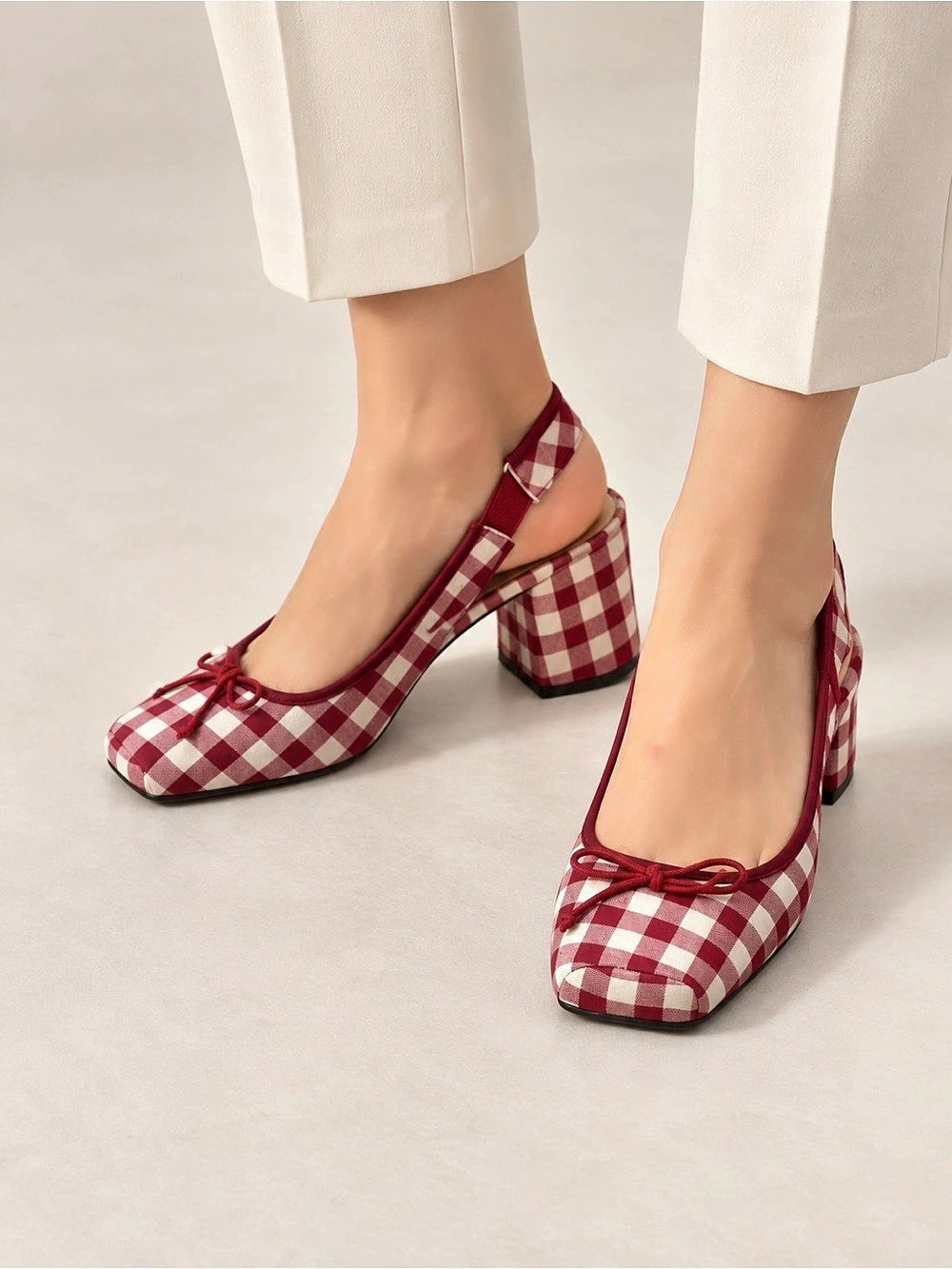 Gingham Block Heel Pumps in Red & White